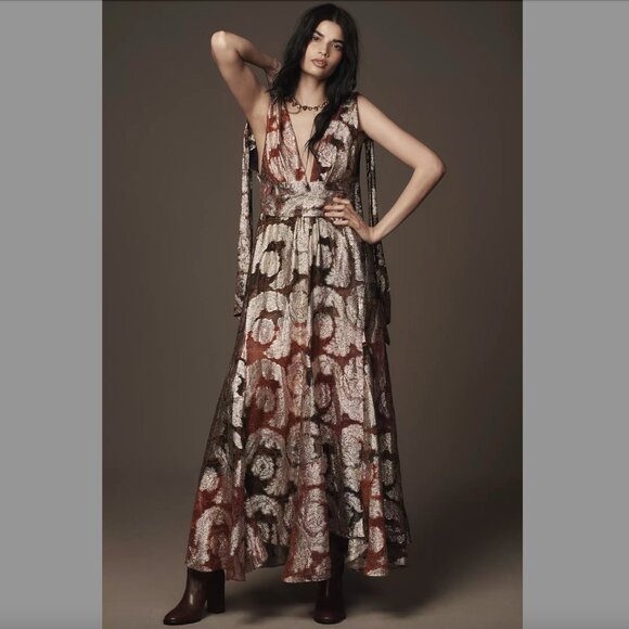 FARM Rio Metallic Plunging V-neck Maxi Dress, Red/Gold/Black, Size XL, NWT 🇧🇷 - Picture 7 of 16